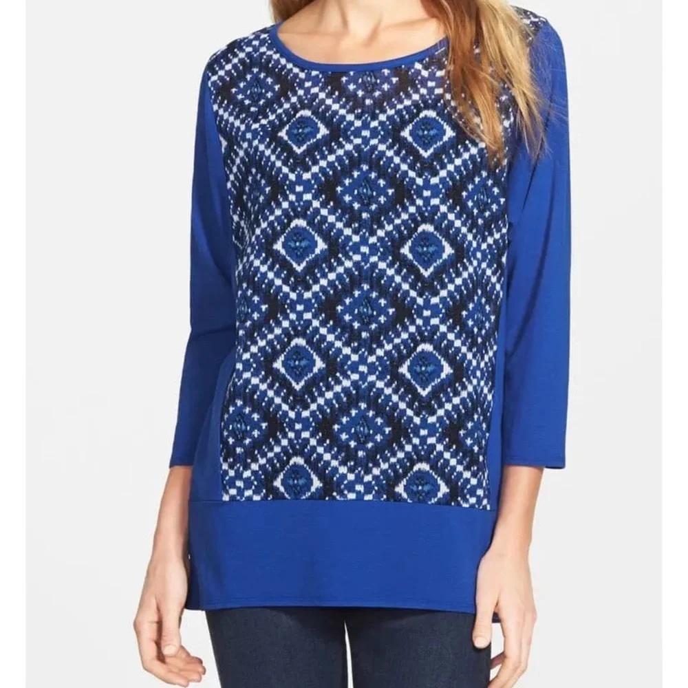 Vince Camuto Tunic Top Womens Size Small Blue Ikat 3/4 Sleeves - Picture 9 of 9